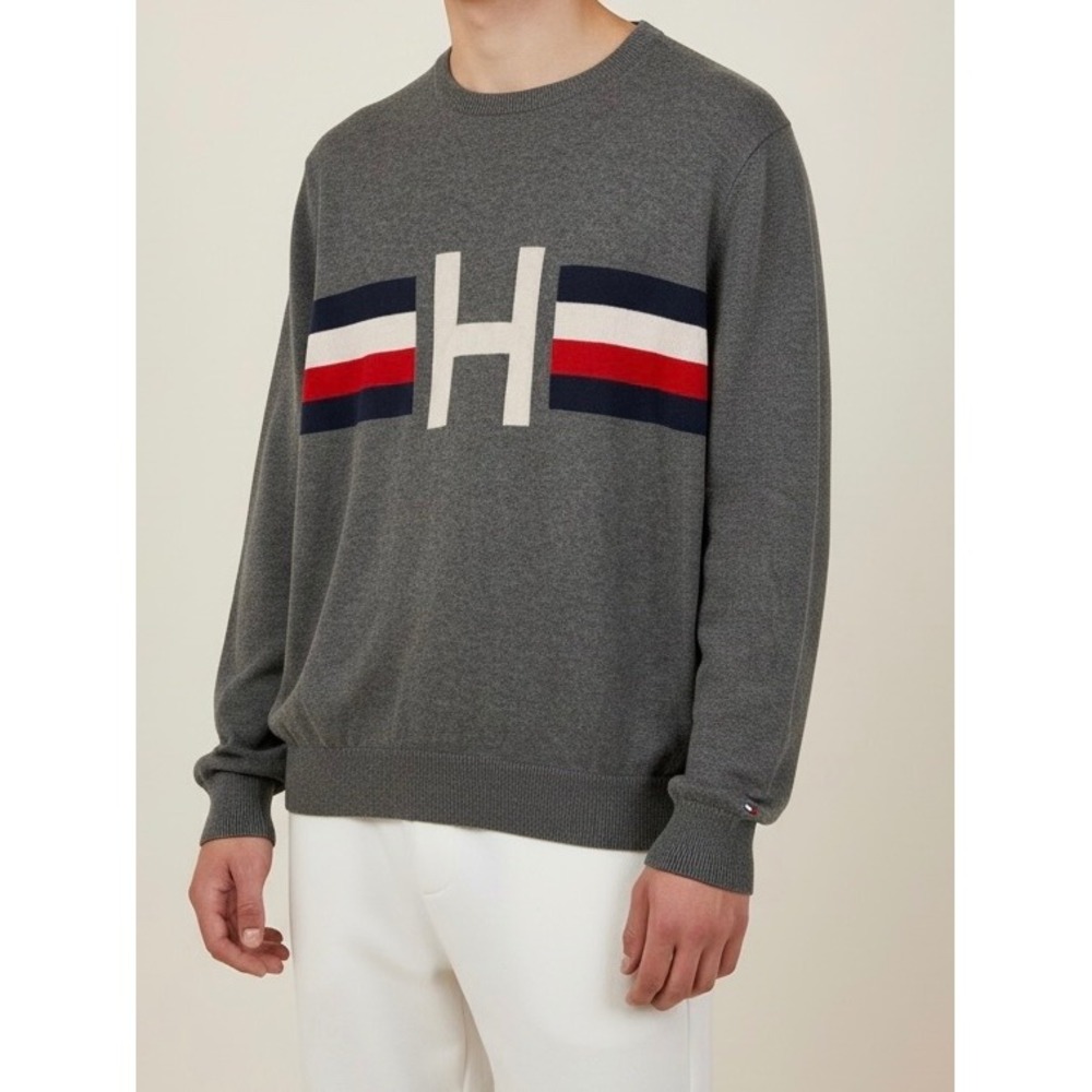 Tommy Hilfiger Y2K Sweater Gray XS Big H Flag Logo Americana Preppy Streetwear
